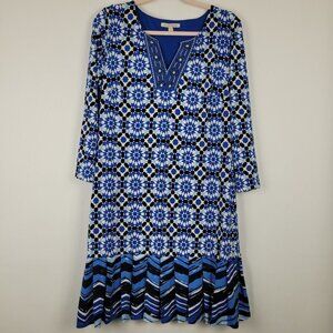 Stitch Fix 41 Hawthorn Mora Blue Stretch Knit Print Beaded Neck Dress L